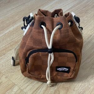 Vans Brown Checkered Drawstring Sling Bag with Cream Strap